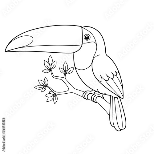 A toucan with a large beak sits on a leafy branch, illustrated in crisp black-and-white line art.