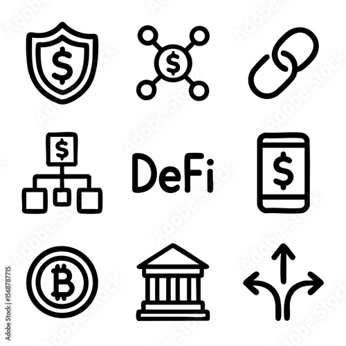 A set of doodle line icons depicting decentralized finance (DeFi) concepts like crypto, blockchain, smart contracts, and digital banking