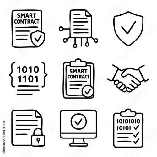 A set of doodle line icons illustrating smart contracts, digital agreements, blockchain automation, code-based verification, and secure transactions