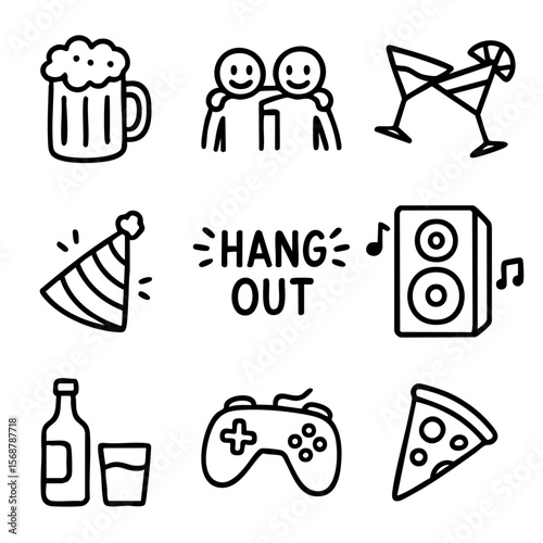 A set of doodle line icons showing elements of social hangouts and parties like drinks, games, food, music, and celebration