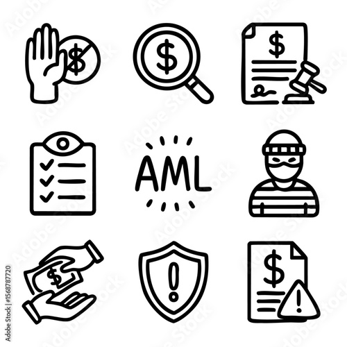 A set of doodle line icons representing anti-money laundering concepts like financial crime, compliance, fraud detection, and legal protection