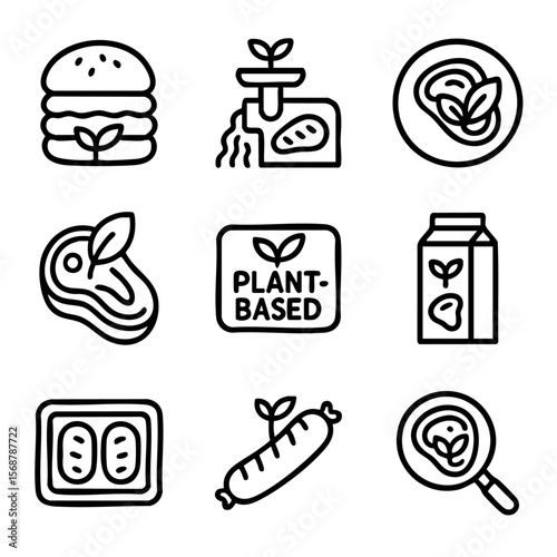 A set of doodle line icons showing plant-based meat products, vegan food alternatives, packaging, and meat-free innovation for sustainable diets