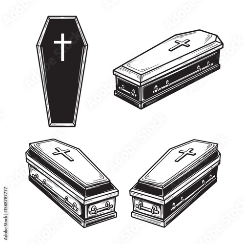 Vector illustration of various black and white coffins with christian crosses for death and funeral concepts