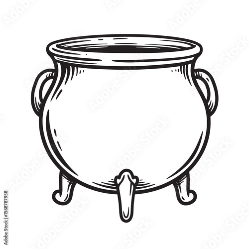Vintage art depicting a classic black and white cauldron symbol for witchcraft or halloween celebrations