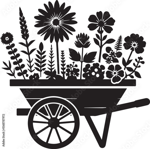 wheelbarrow with flowers, wheelbarrow logo garden cart flower silhouette vector black and white
