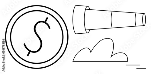 Coin with a dollar sign, a telescope pointing forward, and a cloud outline. Ideal for finance, investment, vision, strategy, growth opportunity and exploration. Minimal design and simple flat