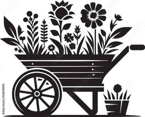wheelbarrow with flowers, wheelbarrow logo garden cart flower silhouette vector black and white
