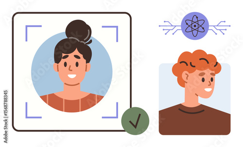 Portrait profiles analyzed using facial recognition. Technology, biometrics, profiles, identification, innovation, AI, security. Ideal for tech IT identity verification future concepts