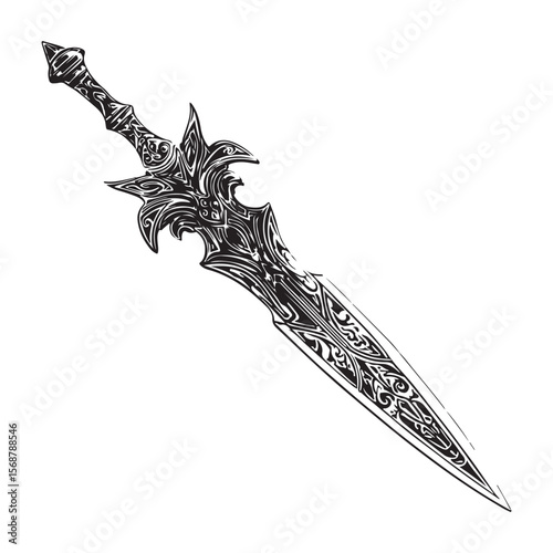 Silhouette of Dagger isolated on a white background, Intricately detailed engraved illustration of a vintage art silhouette dagger on a clean white background