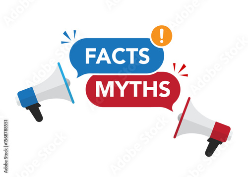 Megaphone with red myths and blue facts speech bubble. Stock illustration.