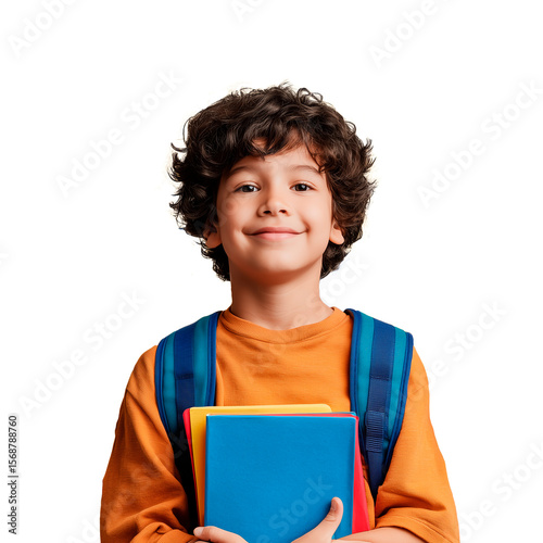 Happy preteen boy with backpack & notebooks, transparent background.