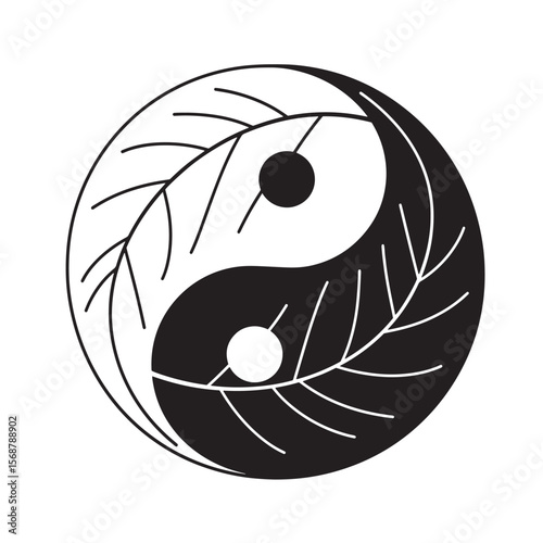 Yin yang symbol representing balance with leaf integration in vintage art style
