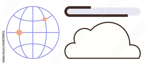 Globe with points, abstract cloud, and file bar illustrating global data sharing, storage, communication, and digital interaction. Ideal for networking, cloud computing, collaboration innovation