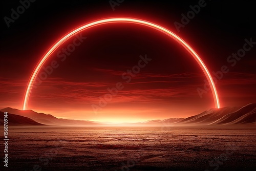 Stunning sunset over barren landscape with vibrant red sky and mountain silhouettes captured at twilight hour