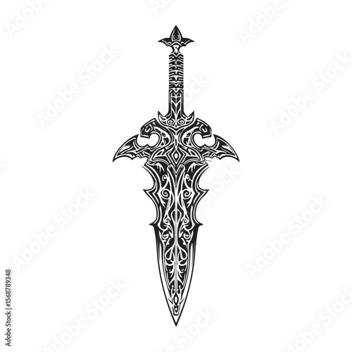 Silhouette of Dagger isolated on a white background, Intricately detailed engraved illustration of a vintage art silhouette dagger on a clean white background