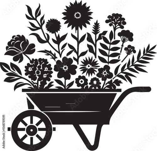 wheelbarrow with flowers, wheelbarrow logo garden cart flower silhouette vector black and white