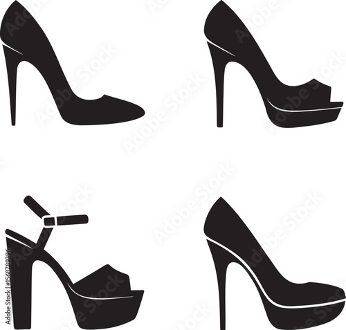 High heels silhouette set vector illustration isolated On Transparent Background