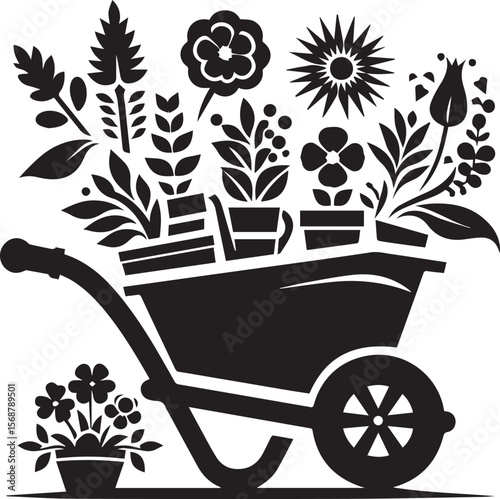 wheelbarrow with flowers, wheelbarrow logo garden cart flower silhouette vector black and white
