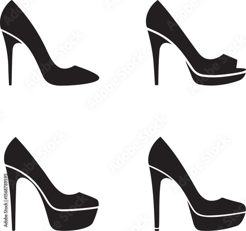 High heels silhouette set vector illustration isolated On Transparent Background