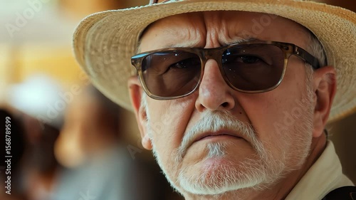 Serious Older Man Wearing Hat And Sunglasses Outdoors