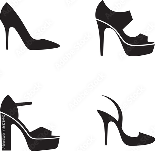 High heels silhouette set vector illustration isolated On Transparent Background