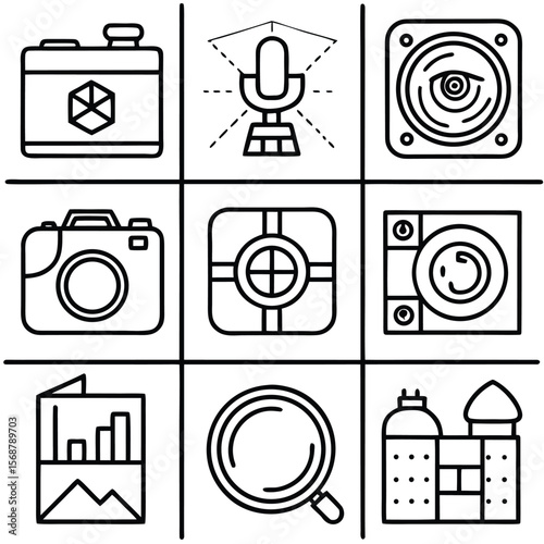 Camera microphone speaker graph magnifying glass building vector
