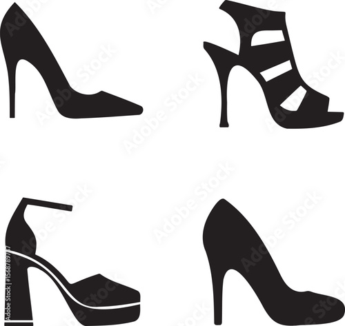 High heels silhouette set vector illustration isolated On Transparent Background
