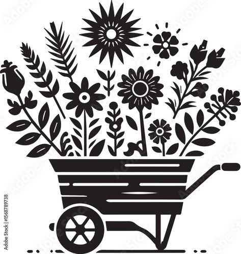 wheelbarrow with flowers, wheelbarrow logo garden cart flower silhouette vector black and white
