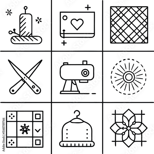 Candle knitting needles camera sunburst pattern grid beanie flower vector