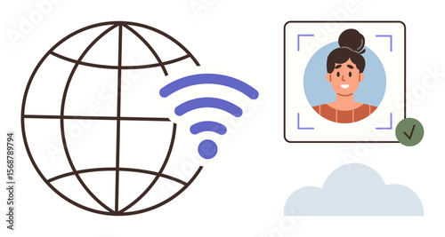 Globe with wireless signal, user profile inside recognition frame, cloud icon, and verification check mark. Ideal for networking, security, identity, cloud computing, technology connection digital