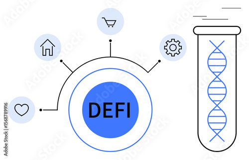 DEFI text surrounded by network icons for love, home, shopping, and gear, connected to a DNA strand in a test tube. Ideal for blockchain, innovation, science, finance technology healthcare