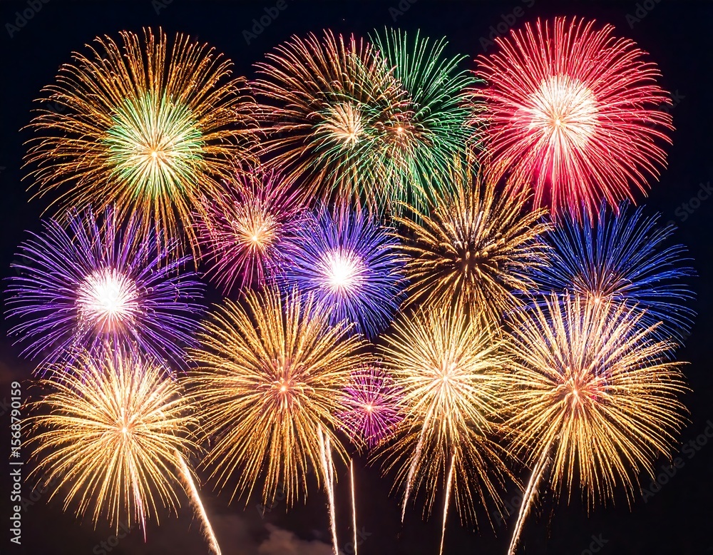 Naklejka premium Colorful fireworks explode in the night sky