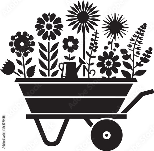 wheelbarrow with flowers, wheelbarrow logo garden cart flower silhouette vector black and white