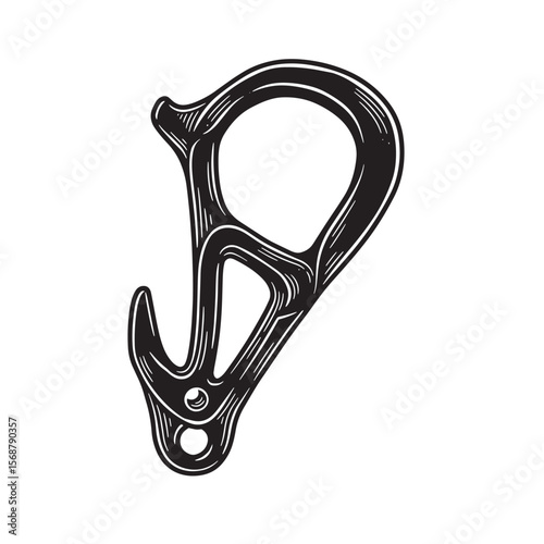 Black and white engraved illustration of a climbing carabiner with vintage art style