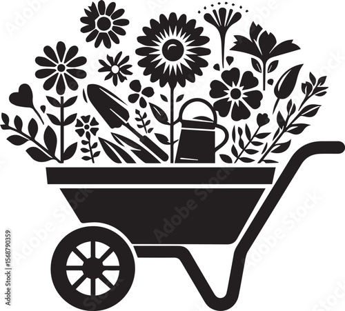 wheelbarrow with flowers, wheelbarrow logo garden cart flower silhouette vector black and white