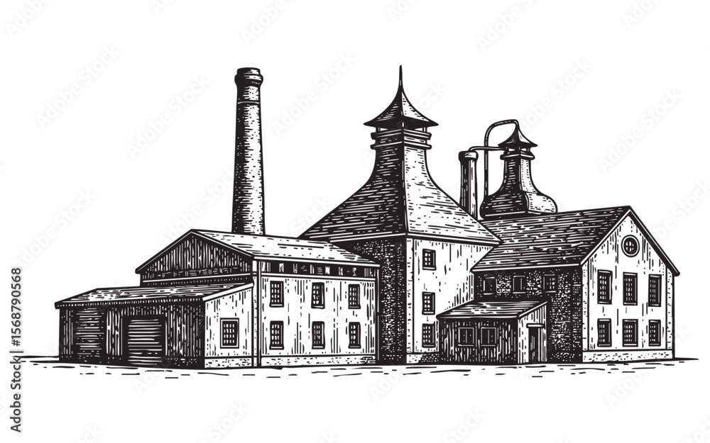 Fototapeta premium Distillery Brewery Factory Vector Engraving Illustration