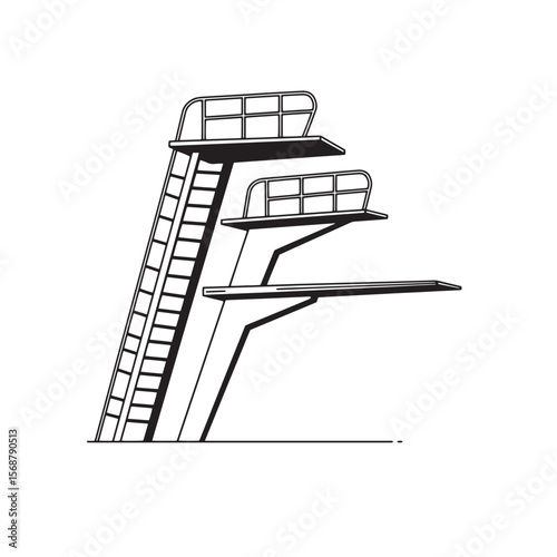 Black and white illustration of a classic diving board structure for competitive swimming and water sports