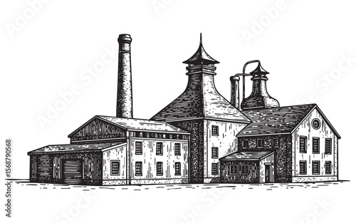 Distillery Brewery Factory Vector Engraving Illustration