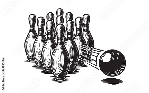 Bowling Pins Strike Ball Vector Engraving Illustration