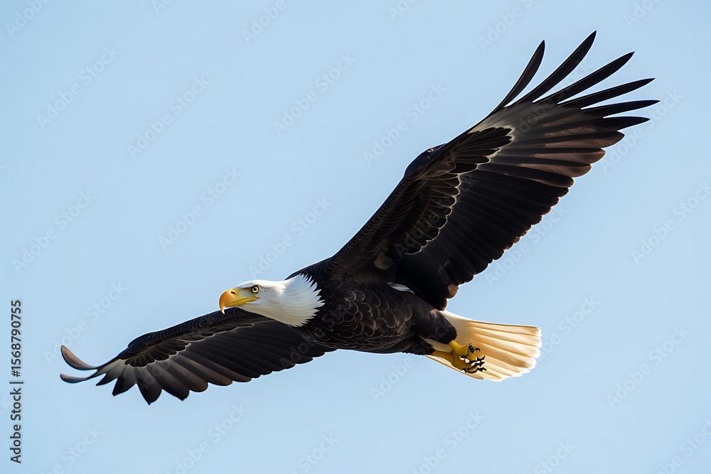 Fototapeta premium Bald Eagle Soaring with Wings Spread Against Clear Sky