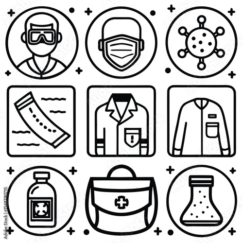 Medical Icons Featuring Protective Gear and Scientific Equipment health protection