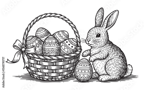 Easter Bunny with Decorated Eggs Vector Engraving Illustration