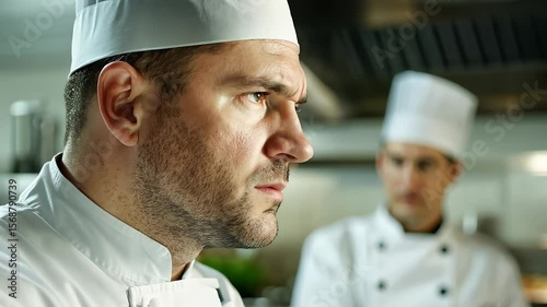 Focused male chef close up in professional kitchen