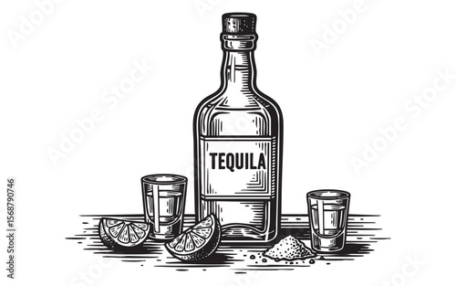 Tequila Bottle Shot Glasses Vector Engraving Illustration