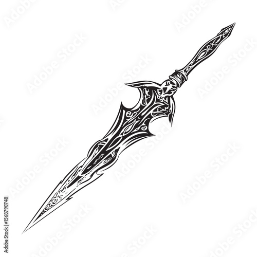 Silhouette of Dagger isolated on a white background, Intricately detailed engraved illustration of a vintage art silhouette dagger on a clean white background