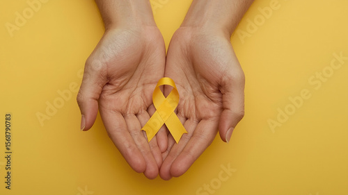 Holding Golden Ribbon: A pair of hands delicately cradles a golden awareness ribbon, symbolizing solidarity and support. The image evokes a feeling of hope and compassion.