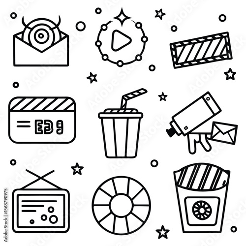 Movie icons including clapperboard drink and popcorn cinema entertainment