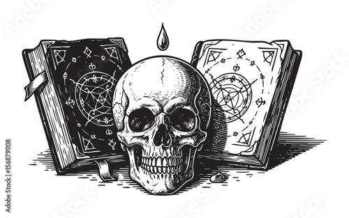 Occult Skull and Magic Books Vector Engraving Illustration