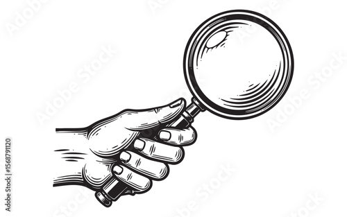 Hand Holding Magnifying Glass Vector Engraving Illustration