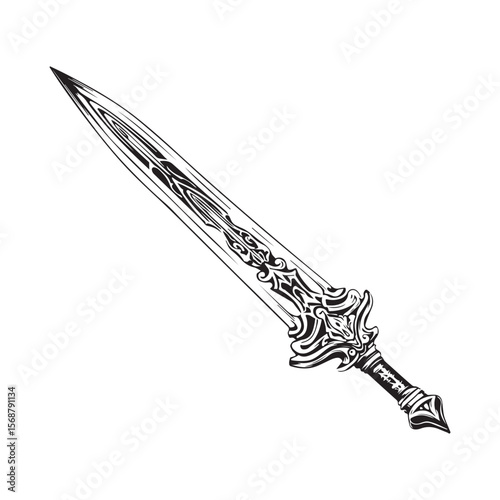 Silhouette of Dagger isolated on a white background, Intricately detailed engraved illustration of a vintage art silhouette dagger on a clean white background